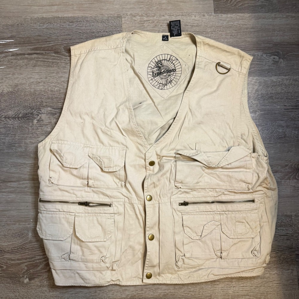 Expeditions Vintage Utility Vest Mens Medium Khaki Tan Cotton Multi Pocket Cargo